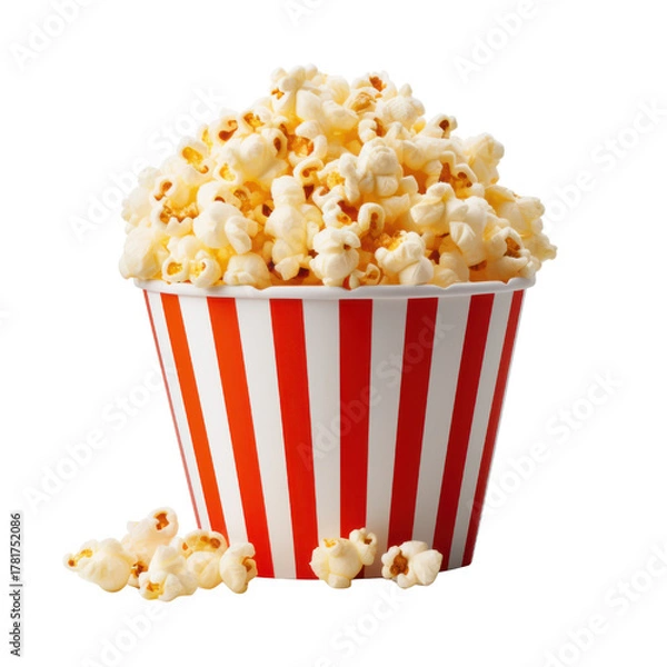 Obraz Crispy yellow popcorn in a red and white striped bucket for a cinema movie snack, Isolated On White Background, Png Transparent
