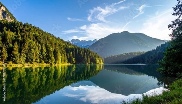 Fototapeta Vast Alpine Valley With A Reflective Lake Surrounded By Dense Green Forests And Majestic Mountains Under A Clear Blue Summer Sky