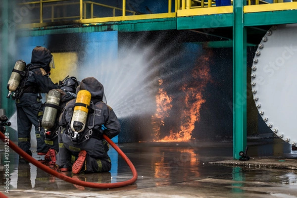 Fototapeta Firemen using water from hose for fire fighting at firefight training of insurance group. Firefighter wearing a fire suit for safety under the danger case.