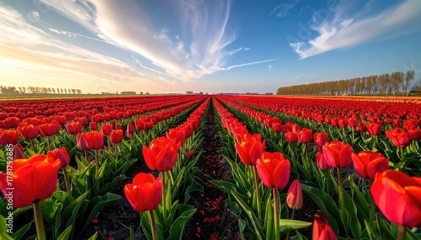 Obraz Vast Field of Red Tulips Under a Dramatic Sky at Sunrise