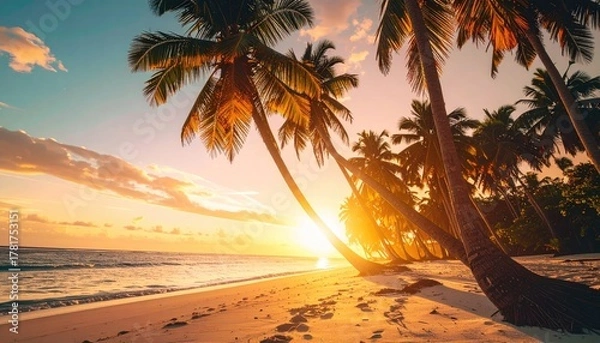 Fototapeta Tropical Beach Sunset With Palm Trees and Ocean Waves in Warm Golden Light