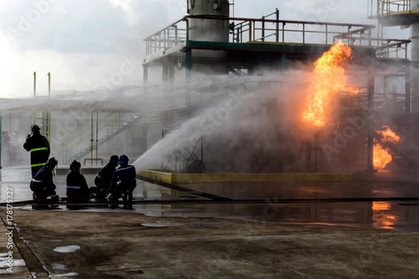 Fototapeta Strażacy używający wody z węża do walki przeciwpożarowej w szkoleniach Fire -Ghight w grupie ubezpieczeniowej. Strażak noszący kombinezon dla bezpieczeństwa w obudowie niebezpieczeństwa.