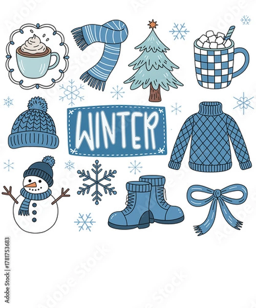 Obraz Cute Cartoon Winter Elements Collection With Snowman Scarf Hat Sweater And Hot Chocolate snowflake