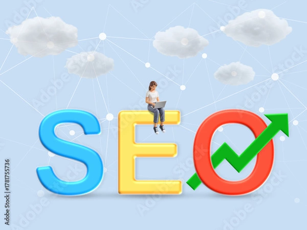 Fototapeta Boosting Online Visibility with Smart SEO Strategy, Person on colorful SEO letters with upward arrow and network