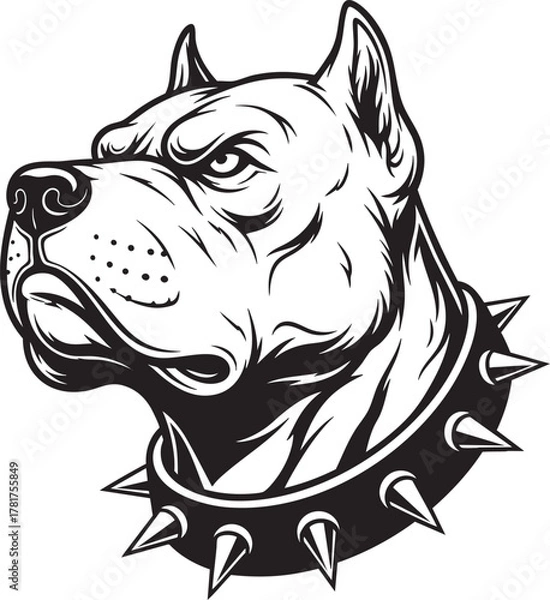 Fototapeta Fierce Pitbull dog head mascot with a spiked collar in a black and white vector illustration style.