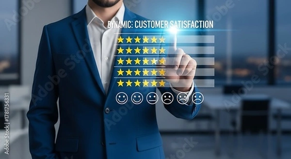 Obraz Business professional touching a glowing screen displaying customer satisfaction rating with stars and feedback icons