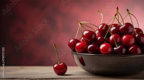 Fototapeta A bowl of fresh red cherries on a wooden surface with one cherry placed beside it against a dark red background