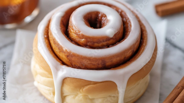Obraz A close-up of a glazed cinnamon roll with white icing drizzling down the sides, placed on parchment paper with cinnamon sticks nearby.