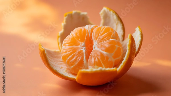 Fototapeta A peeled tangerine with segments exposed, resting on its peel against a warm orange background.