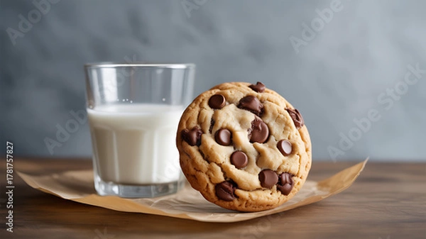 Fototapeta A chocolate chip cookie and a glass of milk on a wooden table with parchment paper