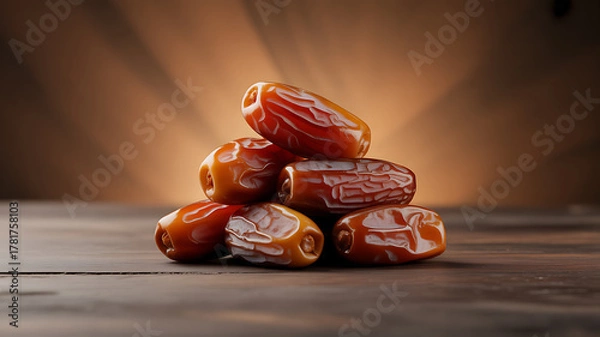 Fototapeta A stack of ripe dates on a wooden surface with warm lighting