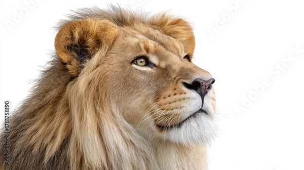 Fototapeta Majestic lion gazes upward with serene, confident expression. Power and strength radiates from this beautiful feline, symbol of nature glory