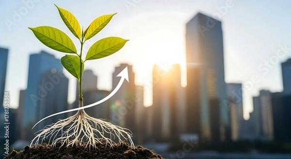 Fototapeta Urban Growth: Sprout, Arrow, and Cityscape