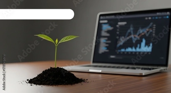Fototapeta Sustainable Growth: Seedling, Data, and Laptop
