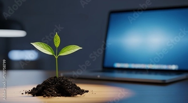 Fototapeta Digital Growth: Sprout on Laptop, Sustainable Tech