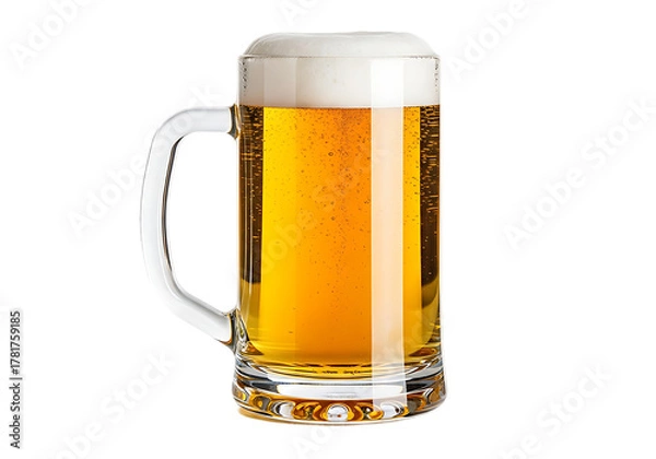 Fototapeta A tall glass mug filled with golden beer and frothy white foam isolated on transparent background
