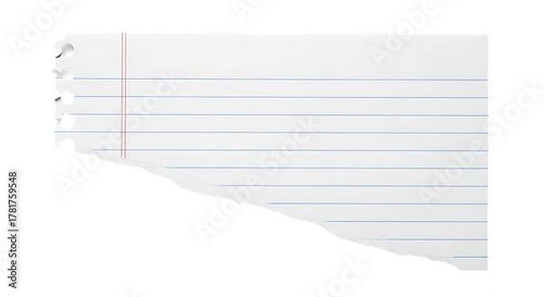 Fototapeta Torn lined paper with three punch holes isolated on transparent background