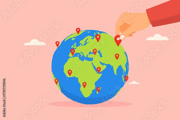 Fototapeta Businessman hand put new branch pin on world map across globe.Global business expansion, open company branches, franchise in new location to cover all continent. growing business worldwide concept