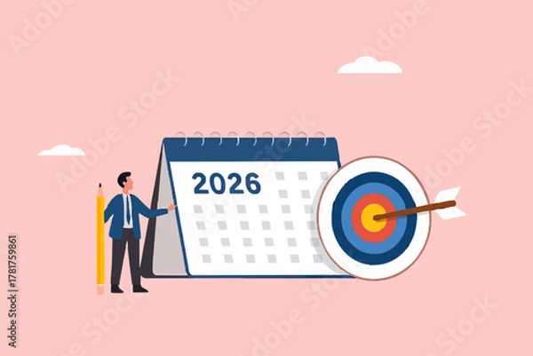 Fototapeta 2025 new business target, new year resolutions success plan or career achievement concept vector illustration, businessman carrying pencil with calendar and target board illustration