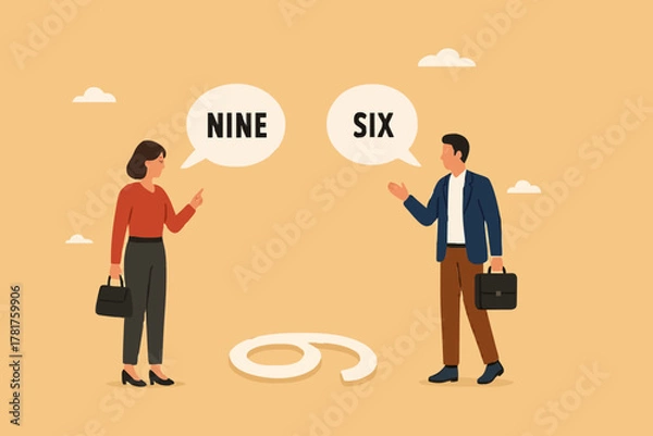 Fototapeta different opinion because different viewing angle, differences in ways of thinking or searching for solutions, businessman and woman argue from different points of view to determine number nine or six