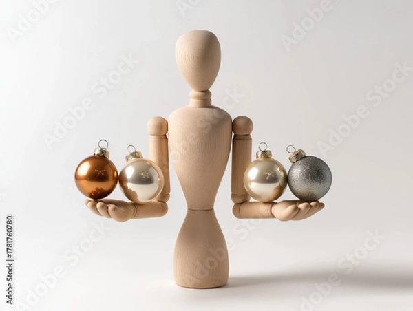 Obraz Wooden mannequin balancing elegant glass Christmas ornaments in hands, conveying harmony, care, and the magic of the holiday season, captured in minimalistic style with a bright white background.