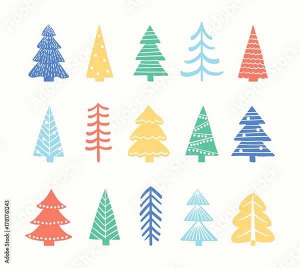 Obraz Colourful Christmas tree icon set. X-Mas decorations concept. Vector illustration