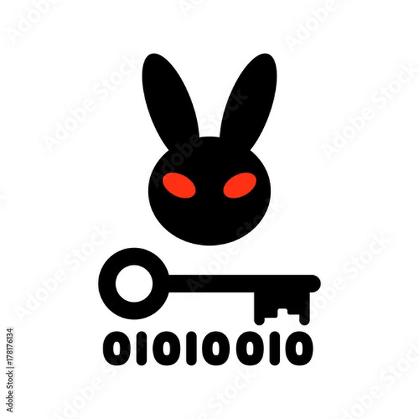 Obraz Bad Rabbit ransomware virus, vector illustration. Dangerous Cryptographer icon. Evil rabbit with red eyes, key and binary code, symbol of encryption