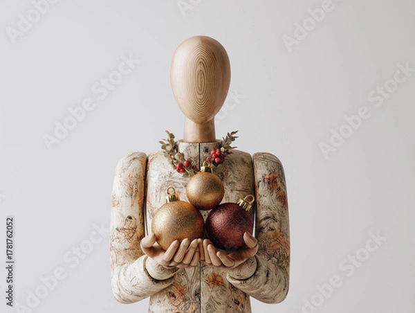 Obraz Wooden mannequin displaying glittering ornaments in hands, symbolizing Christmas preparation and winter celebration, captured in modern minimal aesthetic with vivid details and white background.