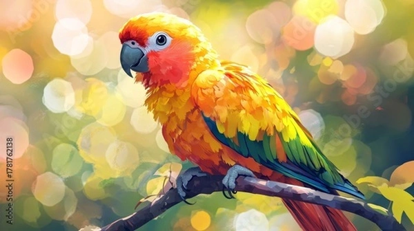 Fototapeta parrot illustrated in digital art, ideal for animal-themed posters, postcards, or printing. The vibrant cartoon drawing adds creativity and charm to any decorative space, Generative AI