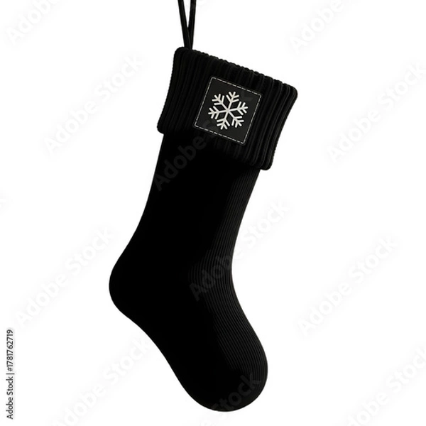 Fototapeta Stylish black knitted Christmas stocking featuring a crisp white snowflake patch, perfect for festive holiday gifting and cozy winter decor.