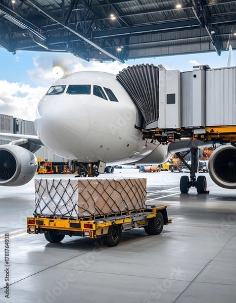 Fototapeta Cargo Transporting to a White Airplane in a Hangar