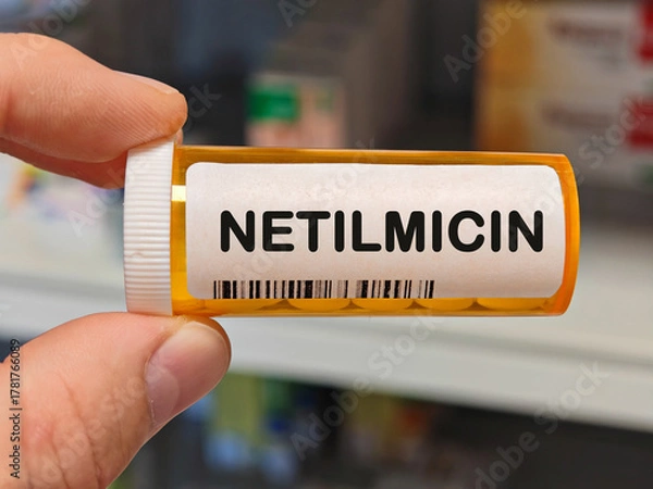 Obraz Box of NETILMICIN tablets on a hospital pharmacy table used to treat bacterial infections an aminoglycoside antibiotic.