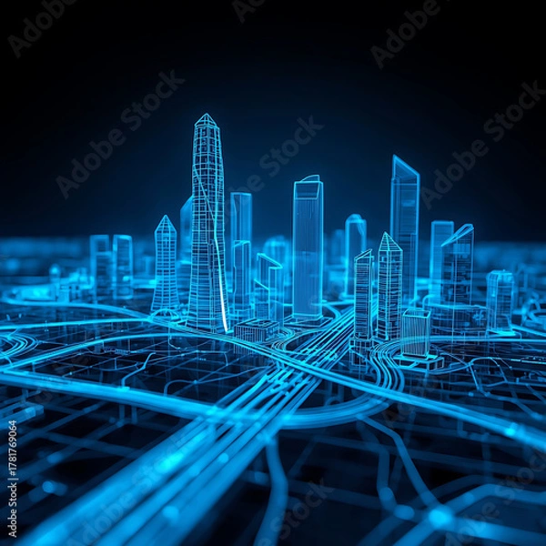 Fototapeta Rendering of a futuristic cityscape depicted in a glowing blue wireframe.