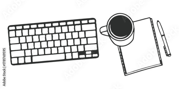 Fototapeta Minimal Workspace Setup — Wireless Keyboard, Coffee Mug & Notepad