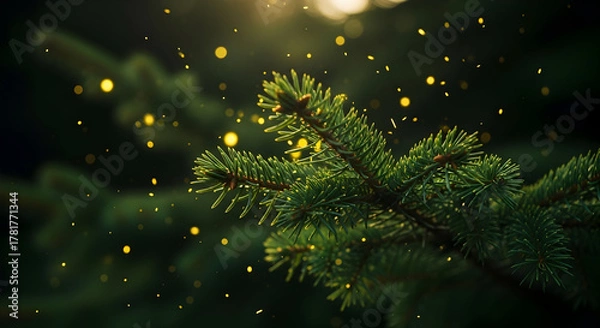 Fototapeta Close-Up of Evergreen Branch with Bokeh Lights, a Festive and Magical Feel