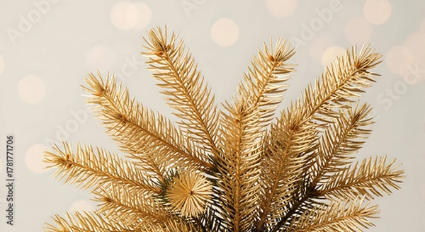 Fototapeta Elegant golden christmas tree branch against a backdrop of soft, dreamy bokeh lights