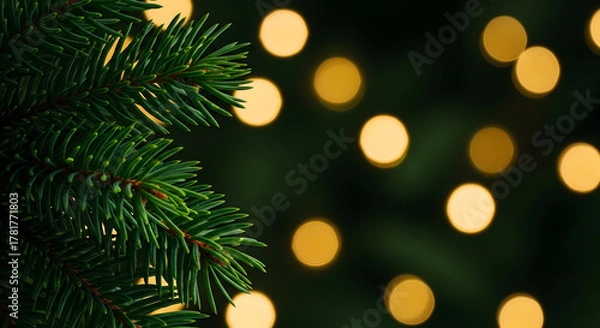 Fototapeta Festive christmas tree branch with bokeh lights for holiday season 2024