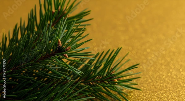 Fototapeta Festive Fir Branch on Shimmering Golden Background for Holiday Celebrations
