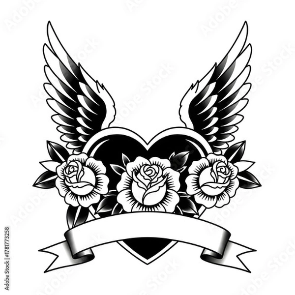 Fototapeta Illustration of heart with wings and roses tattoo design isolated on white background