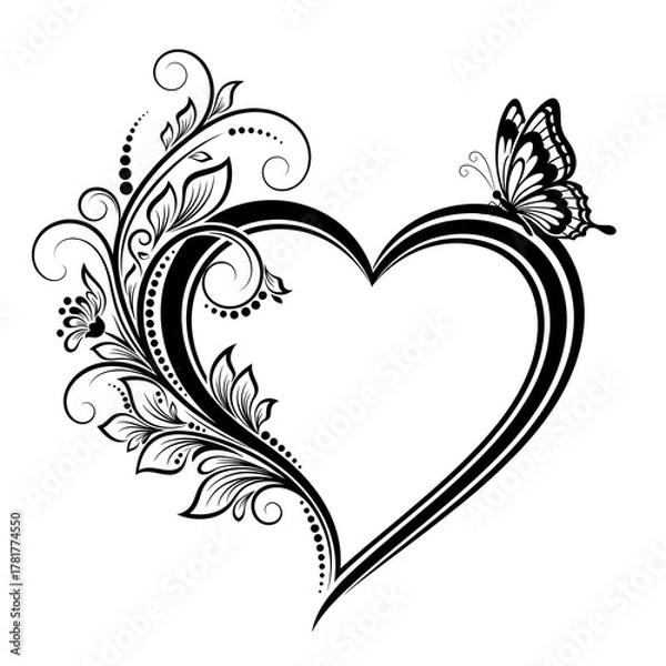 Fototapeta Illustration of elegant black and white heart with floral swirls and a butterfly, isolated on white background