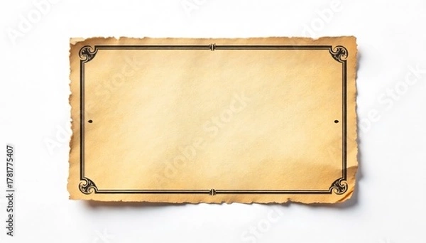 Fototapeta Vintage coupon, weathered texture, isolated on white background, abstract design element A vintage, weathered coupon with intricate, ornate borders. The paper has a textured, aged feel. It is isolated