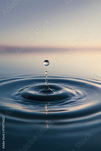 Fototapeta A close-up view of a single water drop falling into a clear, calm pond, captured at the moment of impact