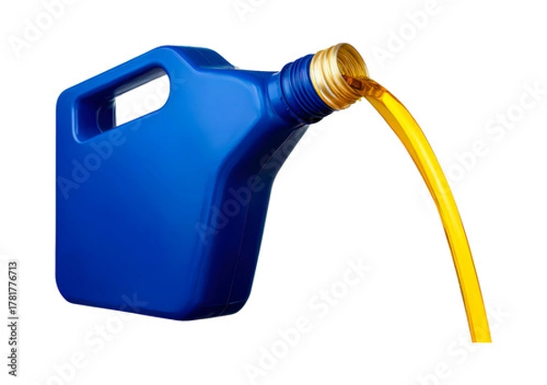 Fototapeta Pouring motor oil from blue plastic container on transparent background