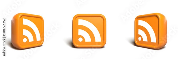 Fototapeta Glossy orange rss feed icon with shadow. 3d rendering
