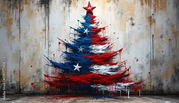 Fototapeta Urban Wall Graffiti of a Christmas Tree in Red, White, and Blue Paint Strokes with USA Stars and Dripping Paint for Edgy Realism