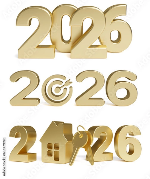 Fototapeta Golden year numbers 2026 with target icon, home icon isolated on white background, Happy new year with start new business goal concept, development to achieve goals and success, 3d render