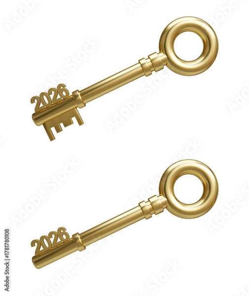 Fototapeta golden key with 2026 isolated on white background, key performance indicator and business achievement goal concept. 3d render