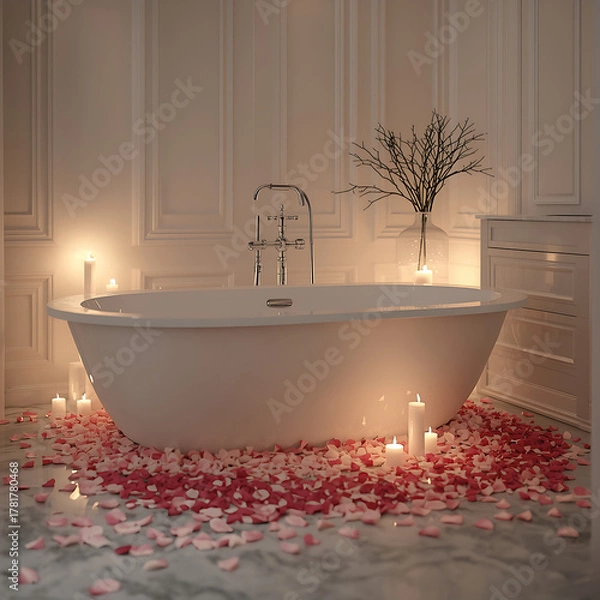 Fototapeta Elegant white bathroom designed to evoke a luxury romantic zen atmosphere, adorned with rose petals and candles.