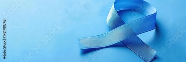 Fototapeta Blue awareness ribbon on light background for world diabetes day observance. Horizontal banner. Copy space. Healthcare and medical concept. Parkinson's disease, Men's health awareness