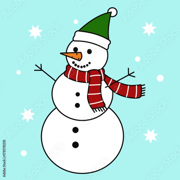 Obraz “Cute Snowman Icon in Winter Christmas Theme with Scarf and Hat — Flat Cartoon Vector Illustration”